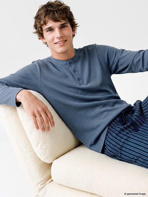 LC WAIKIKI İndigo Henley Yaka Uzun Kollu Erkek Pijama Üst