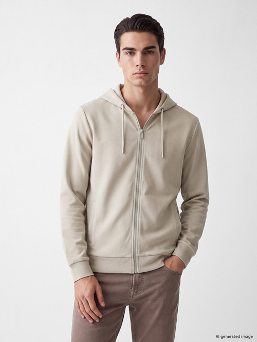 LCWAIKIKI Classic Bej Kapüşonlu Erkek Fermuarlı Sweatshirt