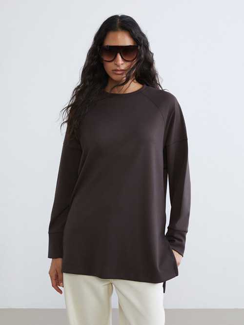 LCW Modest Kahverengi Bisiklet Yaka Oversize Kadın Sweatshirt Tunik