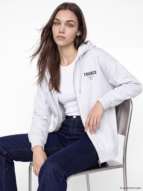 LCW Modest Gri Kapüşonlu Oversize Kadın Kalın Fermuarlı Sweatshirt