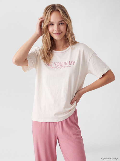 LCW DREAM Pembe Bisiklet Yaka Baskılı Kadın Pijama Takımı