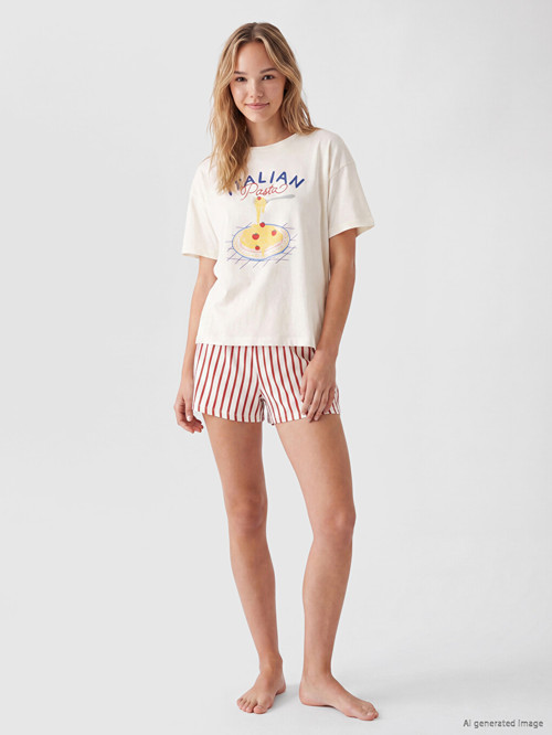 LCW DREAM Kırmızı Baskılı Kadın Şortlu Pijama Takımı