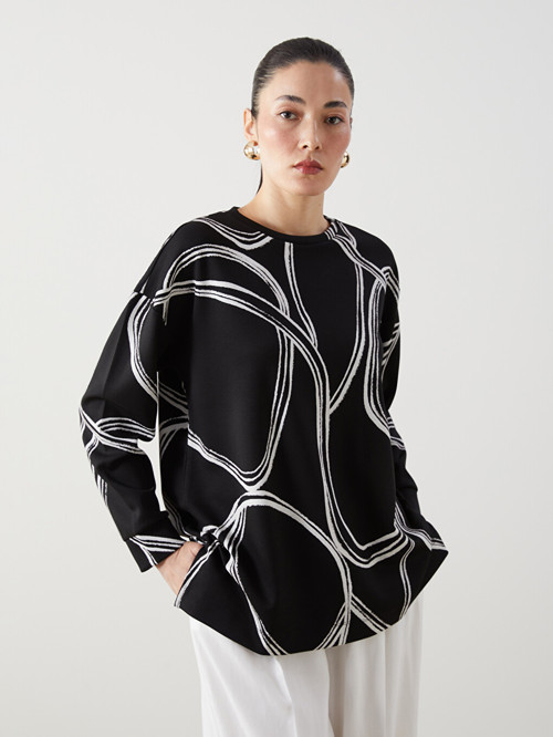LCW EVERYDAY Siyah Bisiklet Yaka Desenli Oversize Kadın Sweatshirt