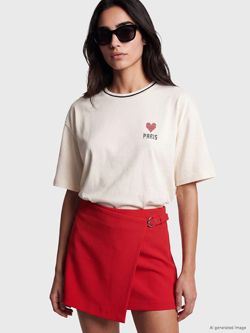 LCW Vision Ekru Paris Baskılı Oversize Kadın Tişört