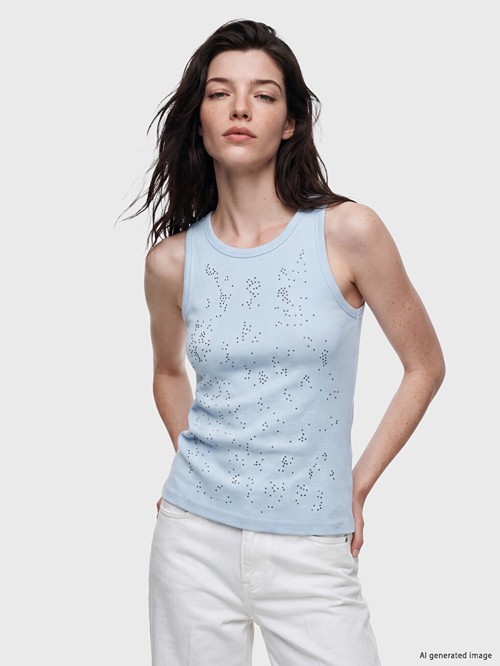 LCW Comfort Mavi Bisiklet Yaka Taşlı Kadın Fitilli Atlet
