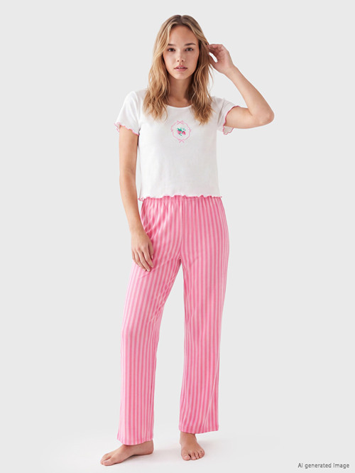 LCW DREAM Pembe Bisiklet Yaka Baskılı Kadın Pijama Takımı