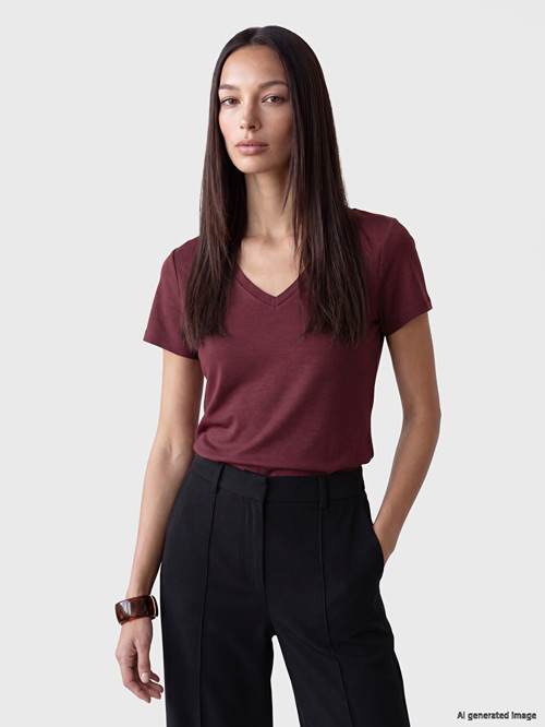 LCW EVERYDAY Bordo V Yaka Soft Touch Kadın Tişört