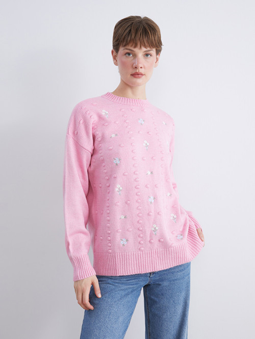 LCW Modest Pembe Bisiklet Yaka Çiçek Nakışlı Kadın Triko Tunik