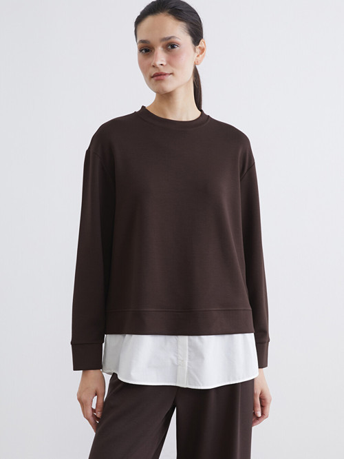 LCW Modest Kahverengi Bisiklet Yaka Kadın Sweatshirt Tunik