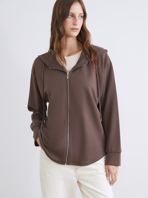 LCW EVERYDAY Kahverengi Kapüşonlu Oversize Kadın Fermuarlı Sweatshirt