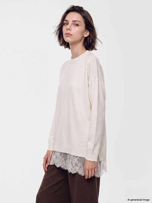 LCW Modest Ekru Bisiklet Yaka Dantel Detaylı Kadın Triko Tunik