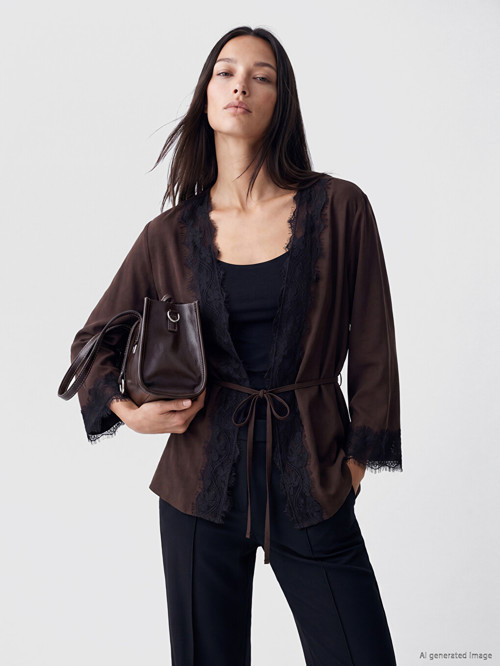 LCW STUDIO Kahverengi Dantel Detaylı Modal Karışımlı Kadın Kimono