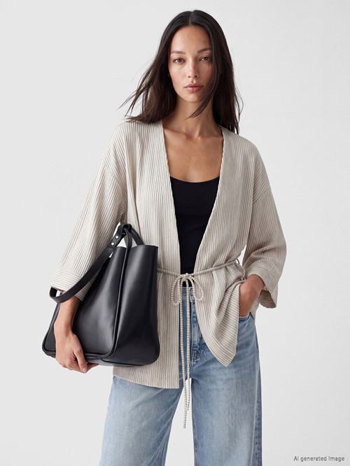 LCW STUDIO Bej Şal Yaka Çizgili Kuşaklı Kadın Kimono