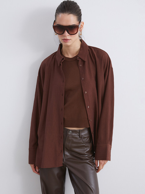 LCW Vision Kahverengi Dokulu Oversize Kadın Gömlek