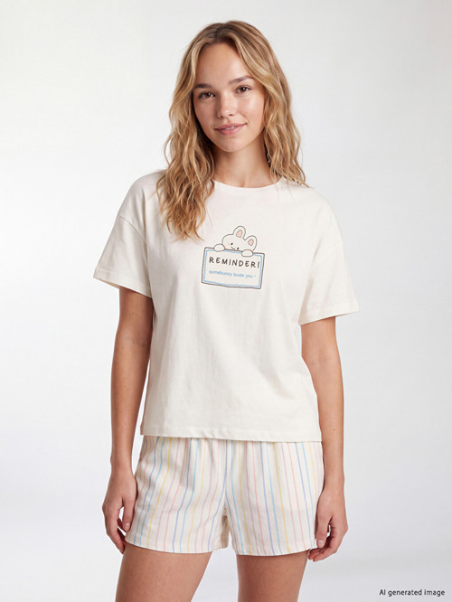 LCW Young Ekru Bisiklet Yaka Kadın Şortlu Pijama Takımı
