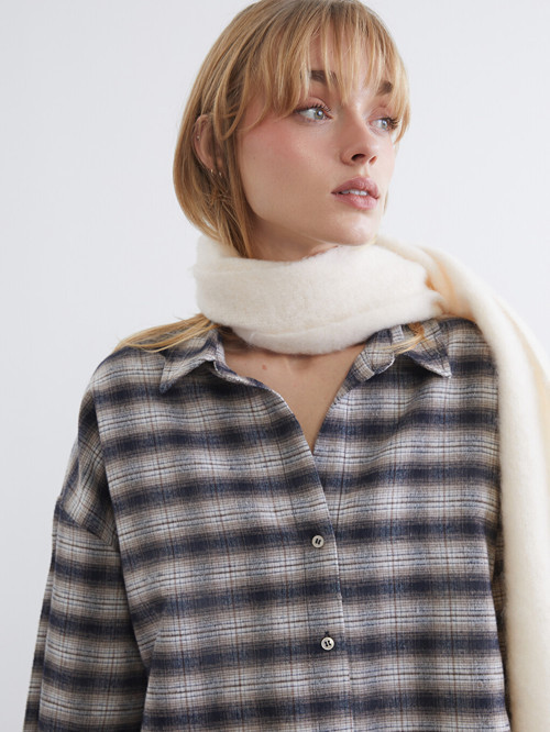 LCW Vision Kahverengi Ekose Oversize Kadın Oduncu Gömlek