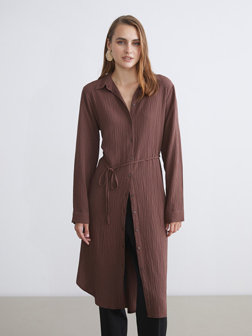 LCWAIKIKI Classic Kahverengi Dokulu Oversize Kadın Gömlek Tunik