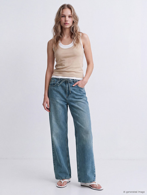 LCW Jeans İndigo Beli Lastikli Wideleg Kadın Jean Pantolon