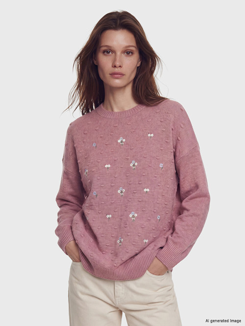 LCW Modest Pembe Bisiklet Yaka Çiçek Nakışlı Kadın Triko Tunik