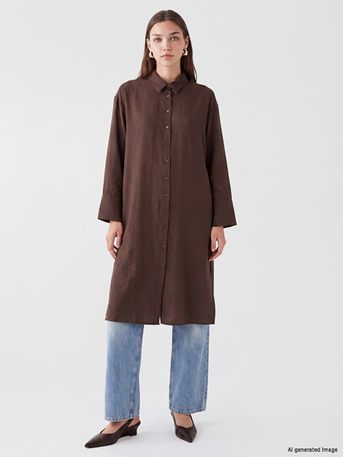 LCW Modest Kahverengi Modal Karışımlı Oversize Kadın Gömlek Tunik