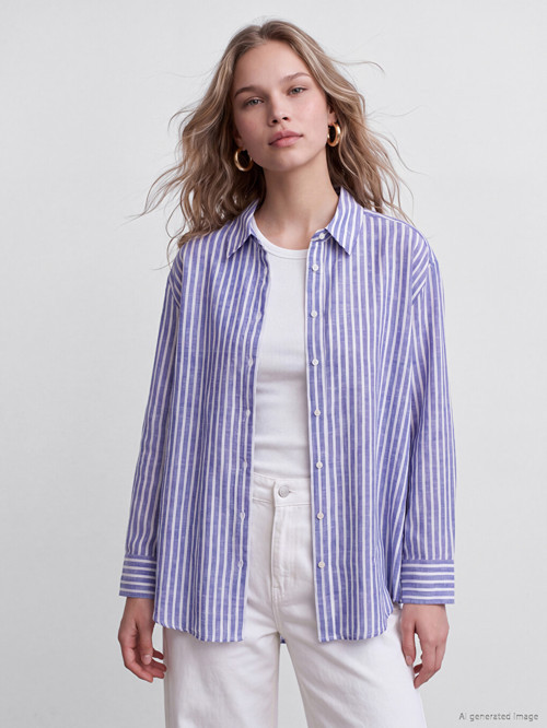 LCW Vision Mavi Çizgili Oversize Poplin Kadın Gömlek