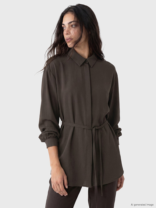 LCW Modest Kahverengi Beli Kuşaklı Kadın Gömlek Tunik