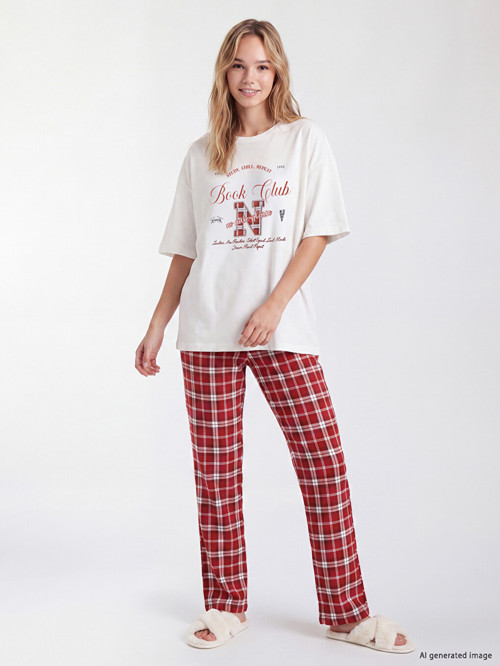 LCW Young Kırmızı Bisiklet Yaka Baskılı Kadın Pijama Takımı
