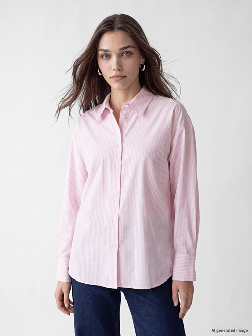 LCW Modest Pembe Çizgili Oxford Kadın Gömlek