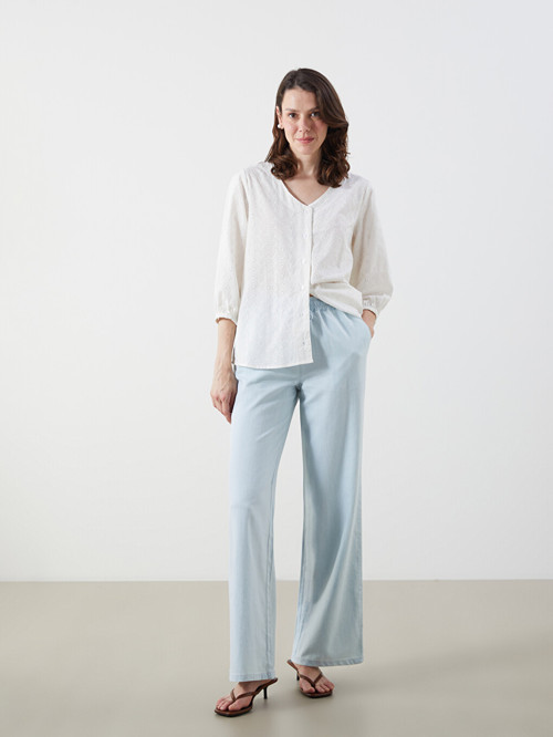 LCW Jeans İndigo Beli Lastikli Wideleg Kadın Jean Pantolon