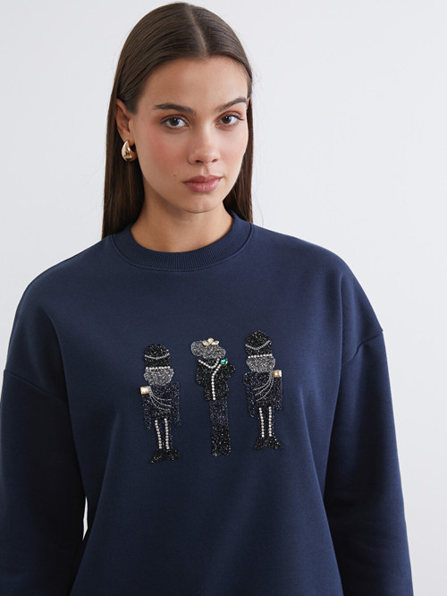 LCW Modest Lacivert İşlemeli Kadın Kalın Sweatshirt Tunik