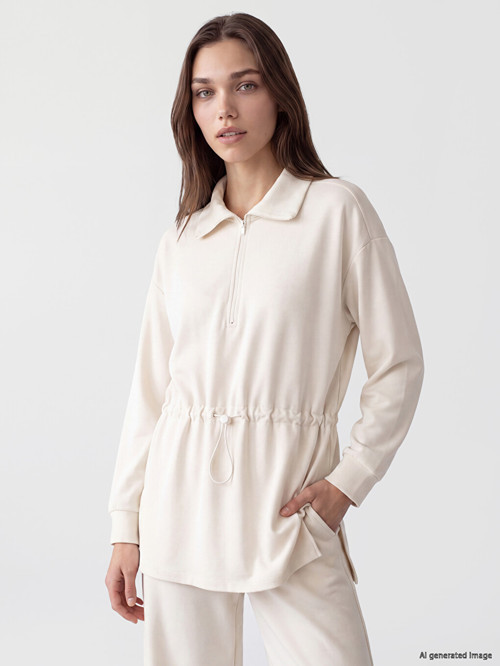 LCW Modest Bej Dik Yaka Oversize Kadın Sweatshirt Tunik