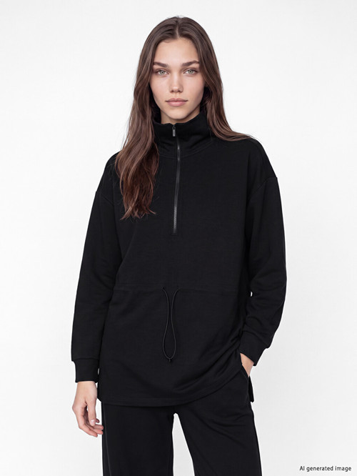LCW Modest Siyah Dik Yaka Oversize Kadın Sweatshirt Tunik