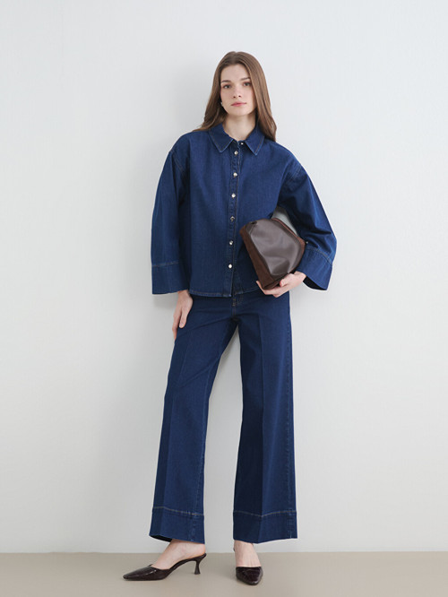 LCW Modest İndigo Yüksek Bel Wideleg Fit Kadın Jean Pantolon