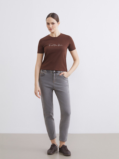 LCWAIKIKI Classic Gri Slim Mom Kadın Jean Pantolon