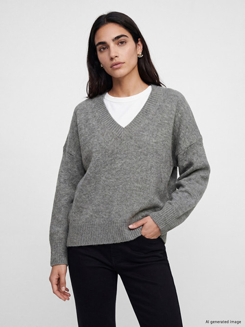 LCW Vision Gri V Yaka Oversize Kadın Triko Kazak