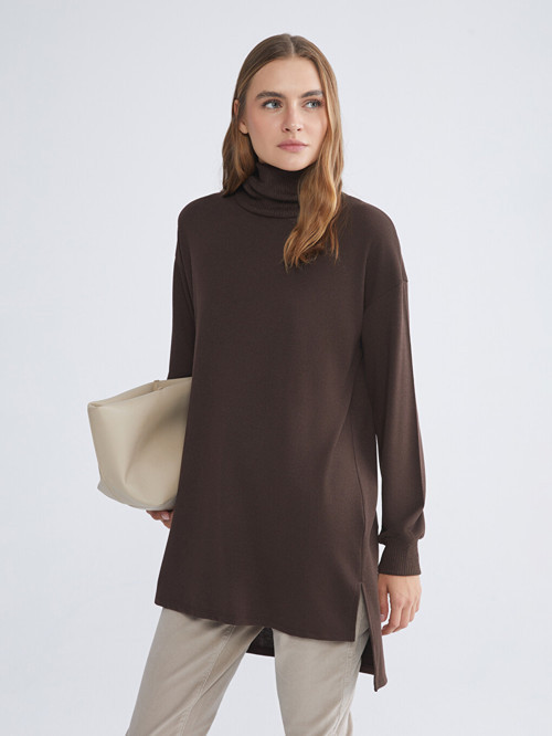 LCW EVERYDAY Kahverengi Balıkçı Yaka Oversize Kadın Tunik