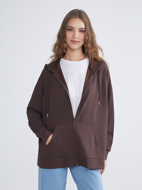LCW Modest Kahverengi Kapüşonlu Oversize Kadın Fermuarlı Sweatshirt