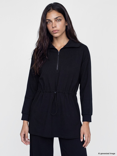LCW Modest Siyah Fermuarlı Dik Yaka Kadın Sweatshirt Tunik