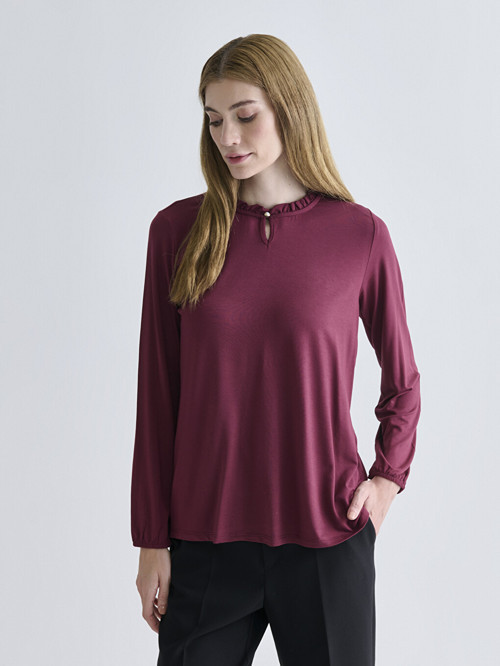 LCW Grace Bordo Fırfırlı Bisiklet Yaka Bluz