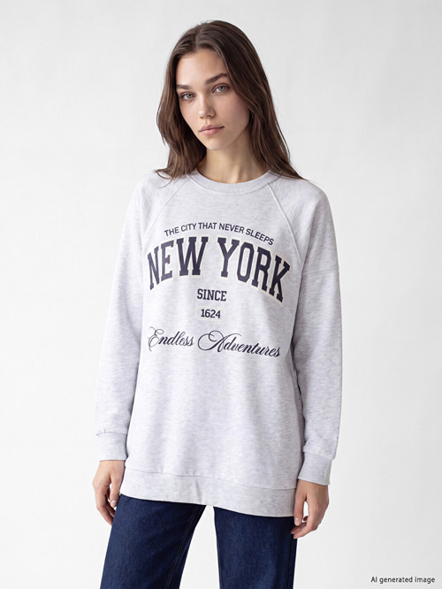 LCW Modest Gri Baskılı Oversize Kadın Sweatshirt Tunik