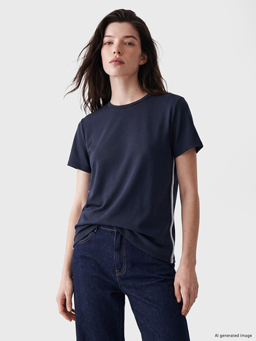 LCW Comfort Lacivert Şerit Detaylı Soft Touch Kadın Tişört