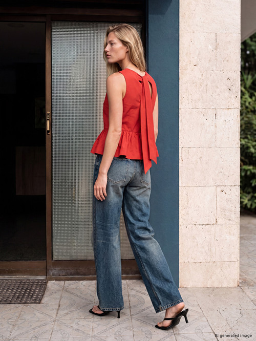 LCW Vision Kırmızı Bisiklet Yaka Sırtı Bağlamalı Peplum Bluz