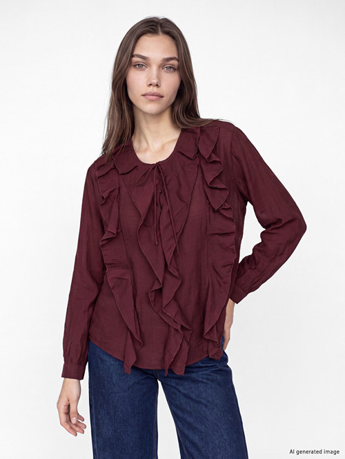 LCW Modest Bordo Bağlamalı Yaka Fırfırlı Bluz