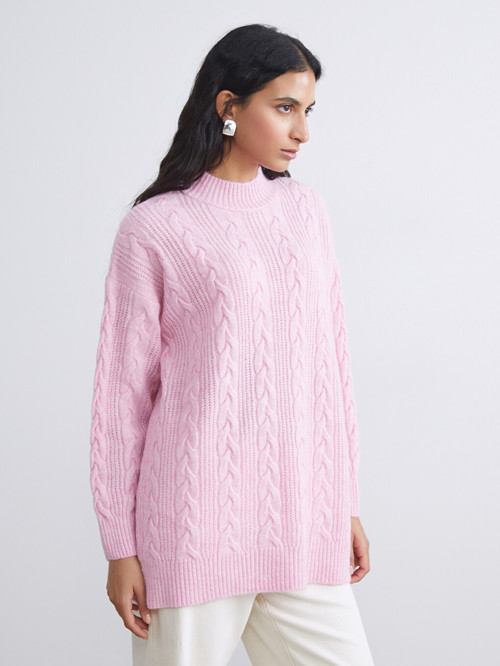LCW Modest Pembe Dik Yaka Kendinden Desenli Kadın Triko Tunik