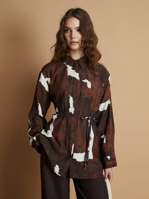 LCW Modest Kahverengi Batik Desenli Kadın Gömlek Tunik