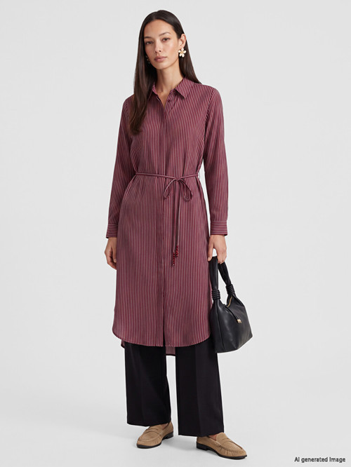 LCW EVERYDAY Bordo Çizgili Oversize Kadın Gömlek Tunik