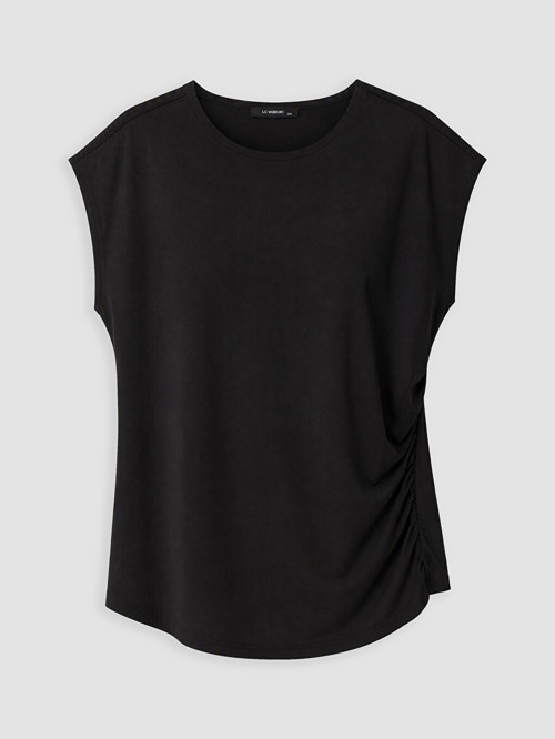 LCWAIKIKI Curve Siyah Büyük Beden Bisiklet Yaka Büzgülü Bluz