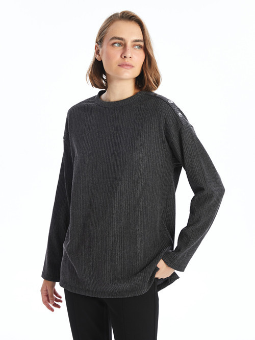 LCW EVERYDAY Siyah Bisiklet Yaka Düz Uzun Kollu Oversize Kadın Bluz