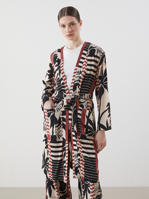 LCW Modest Siyah Şal Yaka Desenli Oversize Kadın Kimono
