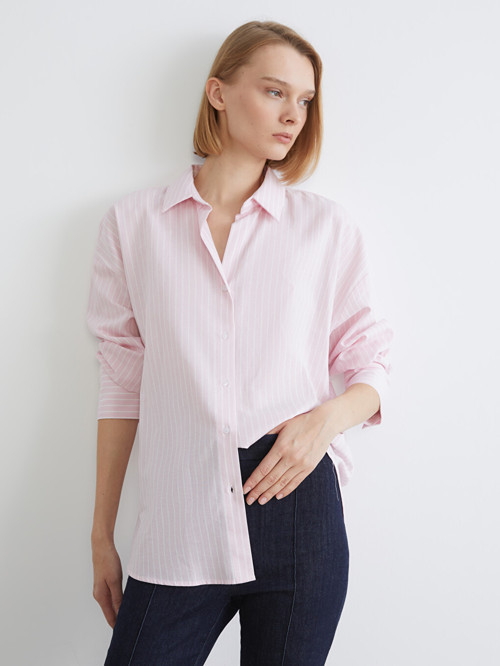 LCW Vision Pembe Çizgili Oversize Kadın Gömlek